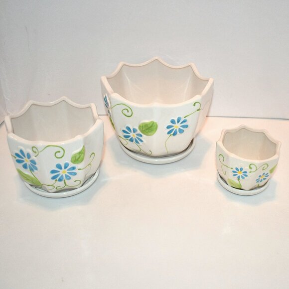 STHIE Ceramic Plant Pots with Drainage Holes and Saucers, Set of 3 Round Flower - Picture 1 of 6